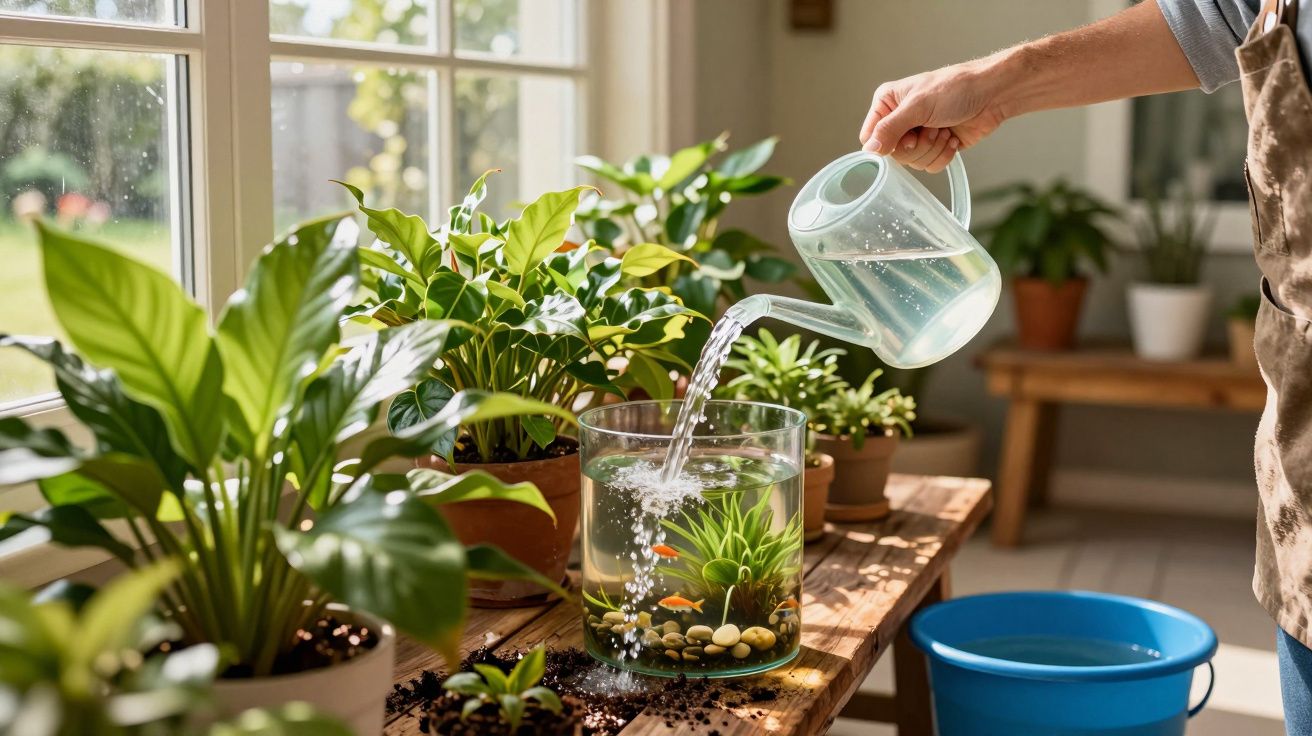 Pessoa regando aquário com plantas e peixes em mesa com vasos dentro de casa iluminada pela janela.