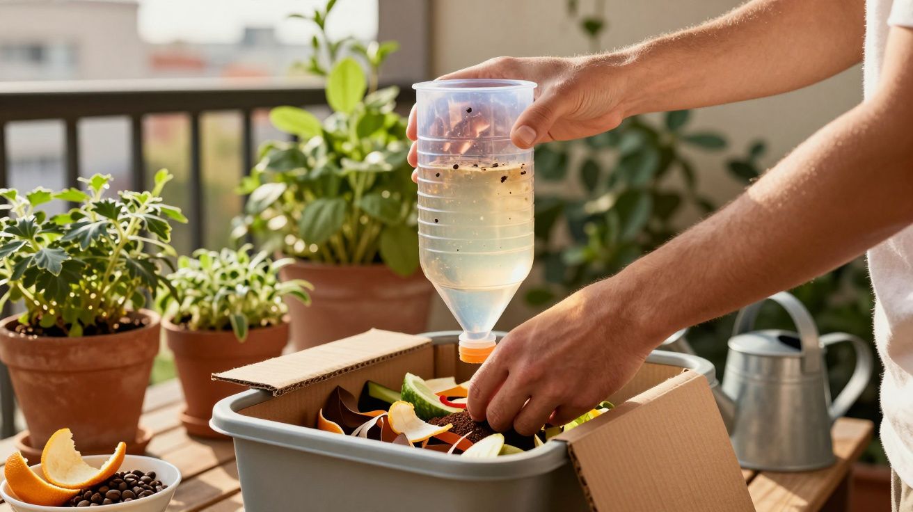 Pessoa usando garrafa plástica para regar minhocas em composteira doméstica com plantas ao fundo.