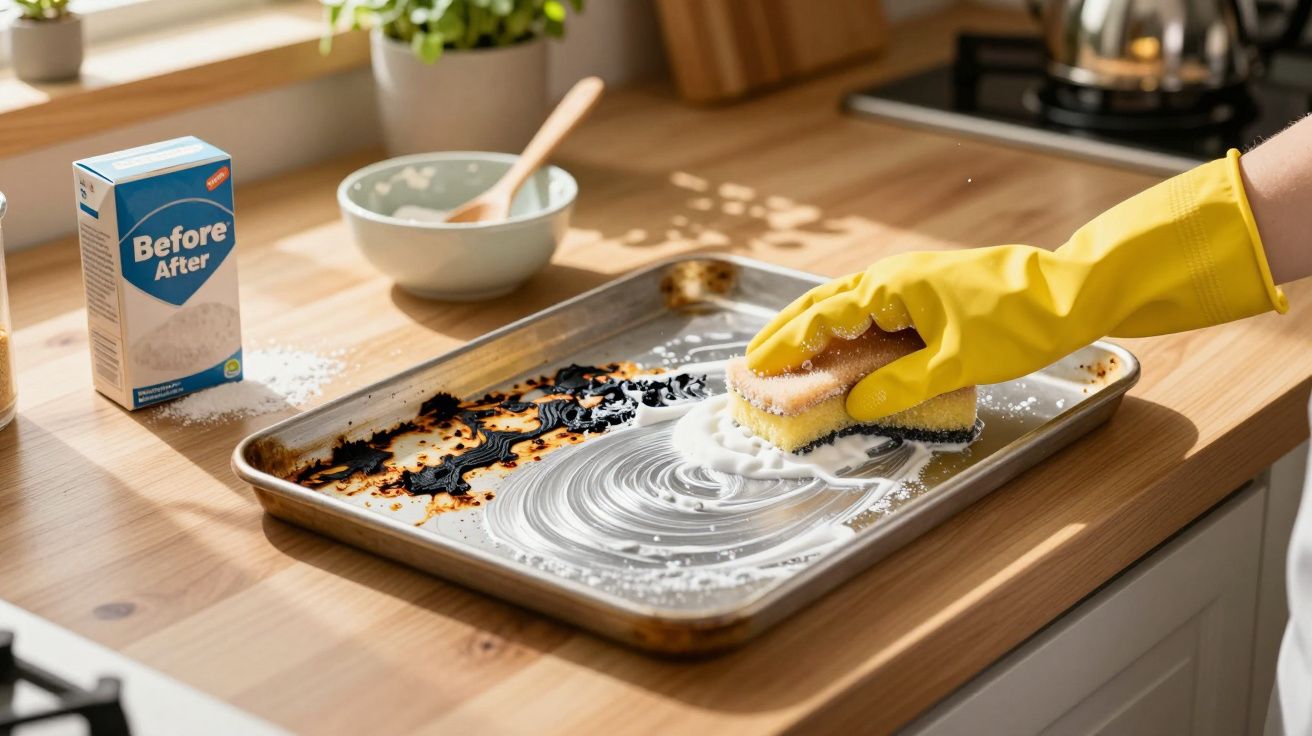 Mão com luva amarela limpando forma enferrujada com esponja e produto de limpeza na cozinha.