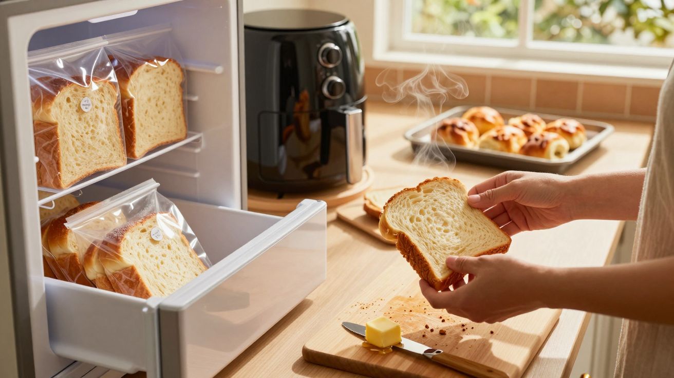 Mãos segurando fatia de pão quente perto de mini geladeira com pães embalados e torradeira no fundo.