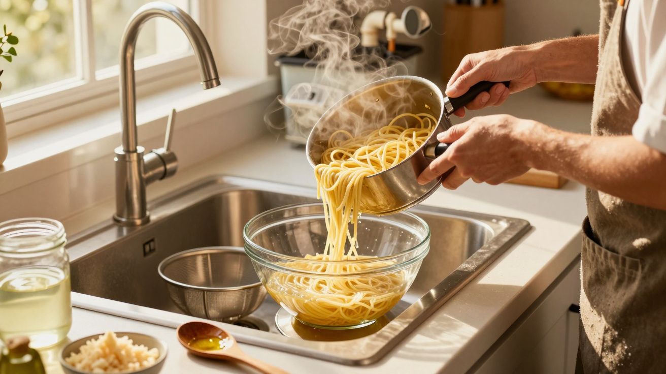 Pessoa escorrendo macarrão quente em uma tigela de vidro na pia da cozinha iluminada pela luz natural.