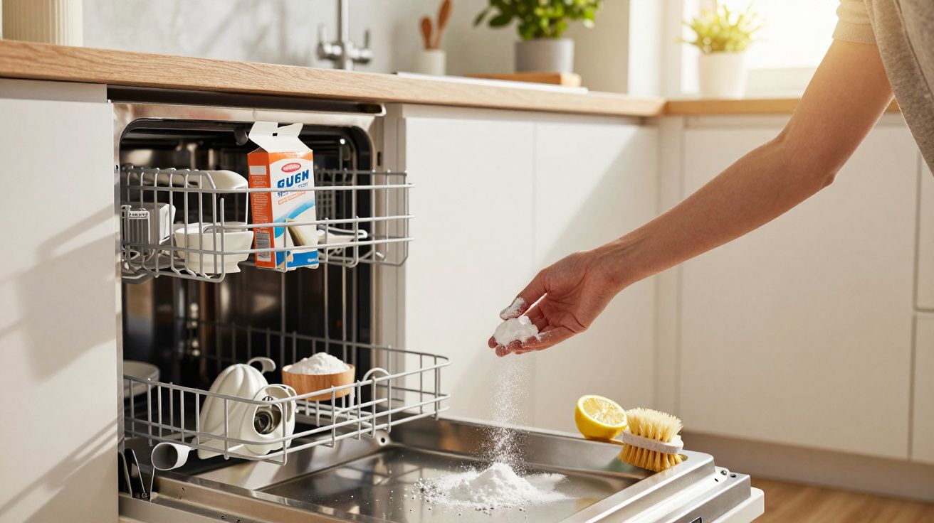 Mão adicionando comprimidos de detergente em máquina de lavar louça em cozinha ensolarada moderna.