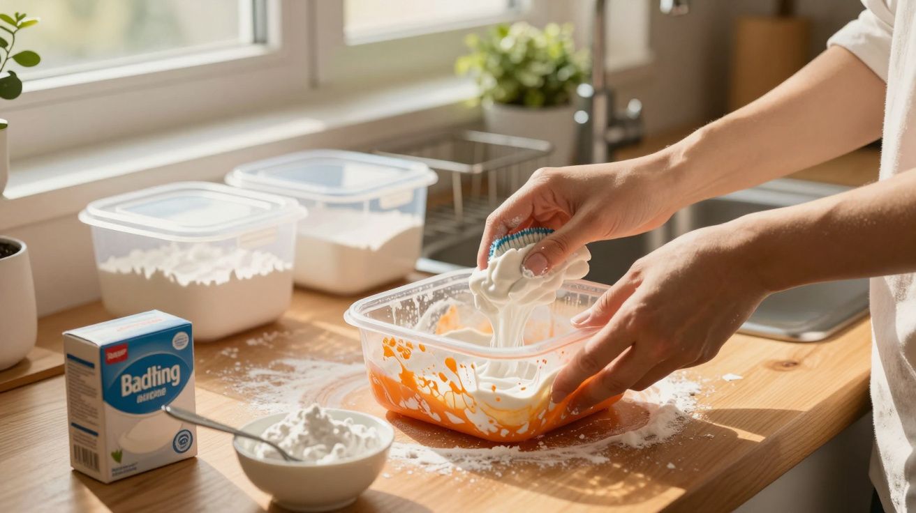 Pessoa mexendo massa branca em recipiente transparente em mesa com utensílios e ingredientes de cozinha.