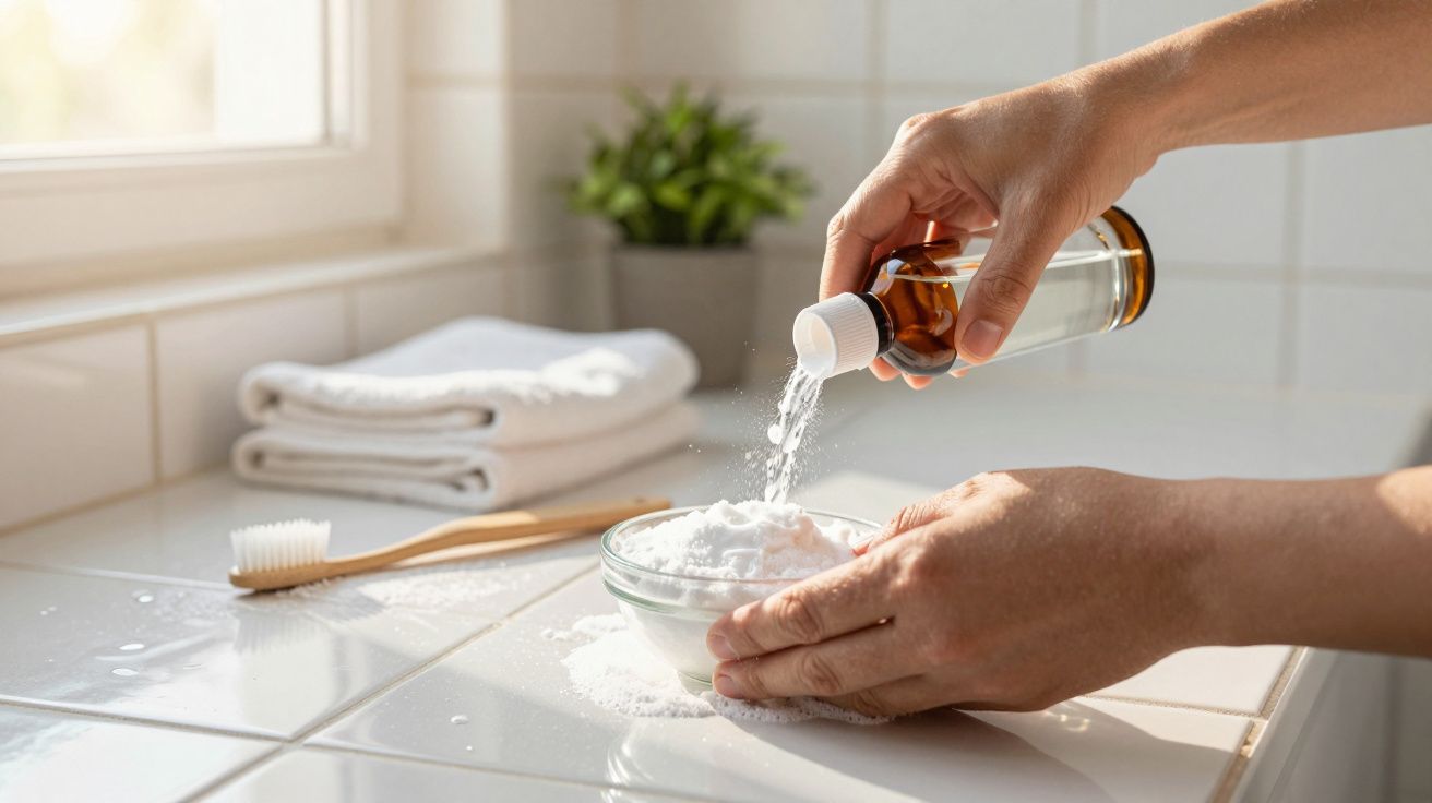 Mãos misturando líquido em pó branco dentro de uma tigela no banheiro com escova e toalhas ao fundo.