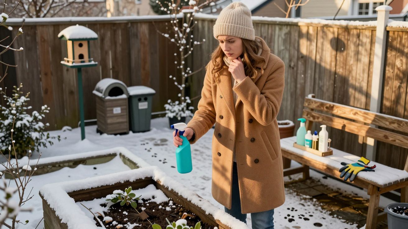 Mulher com casaco e touca regando plantas em canteiro com neve no jardim coberto.