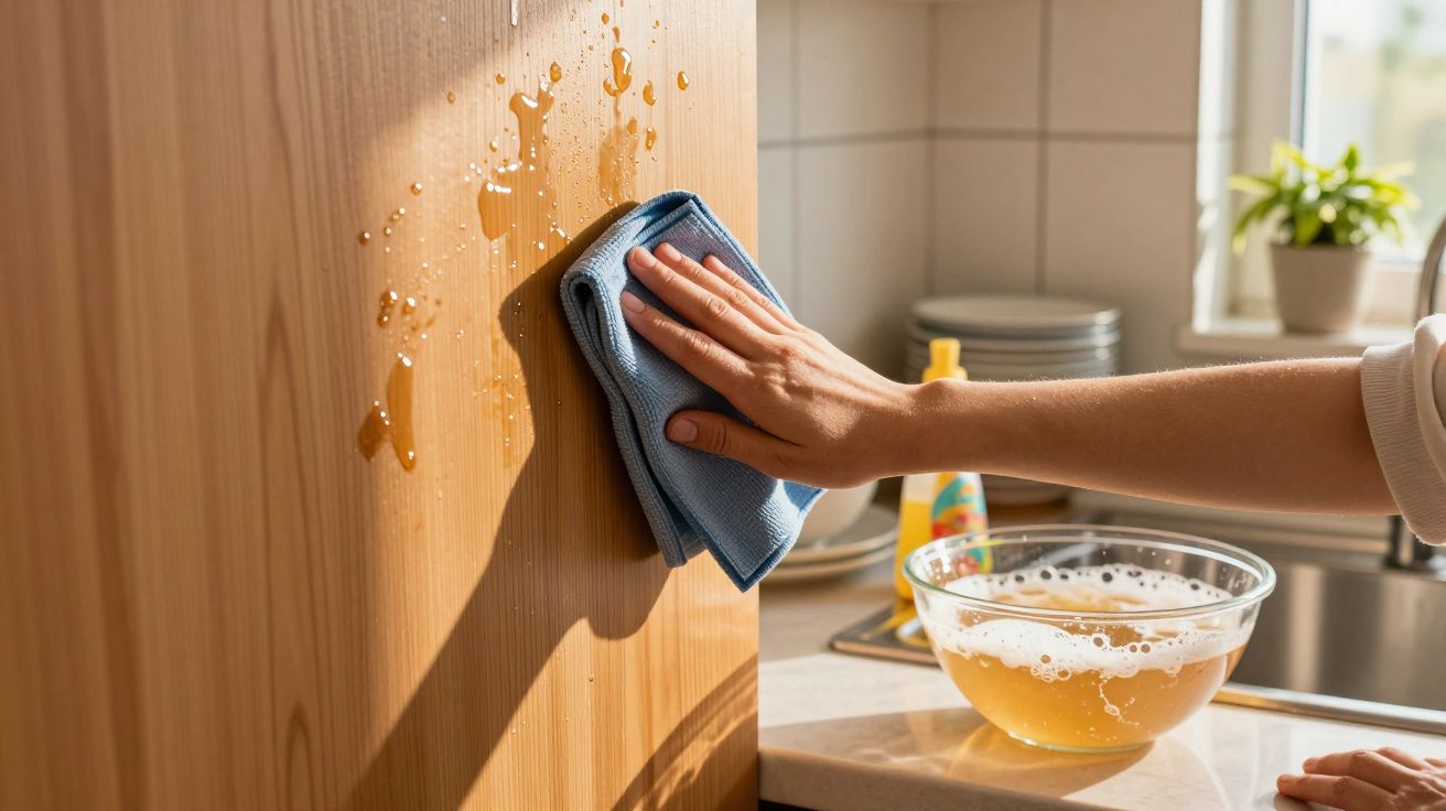Mão limpando borrões de líquido em madeira com pano azul em cozinha iluminada pelo sol.