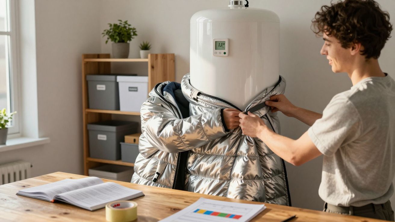 Jovem veste casaco prateado em cilindro branco com visor digital, em ambiente interno iluminado.