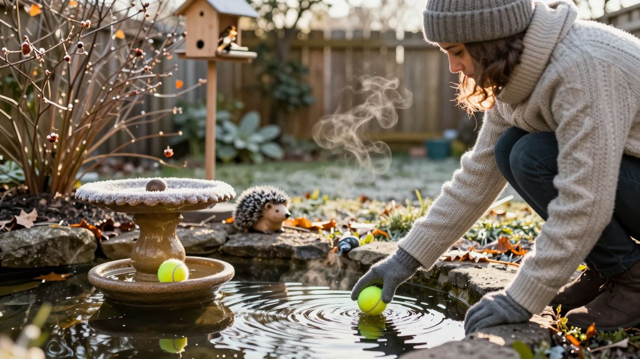 Mulher agachada em jardim frio, colocando bola de tênis na água de lagoa decorativa com pássaro de cerâmica.