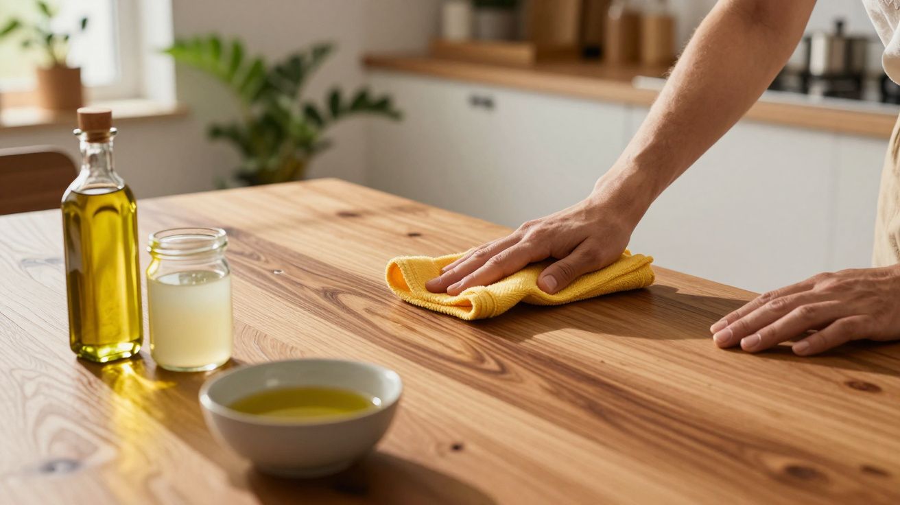 Pessoa limpando mesa de madeira com pano amarelo, ao lado frascos com óleo e líquido transparente.