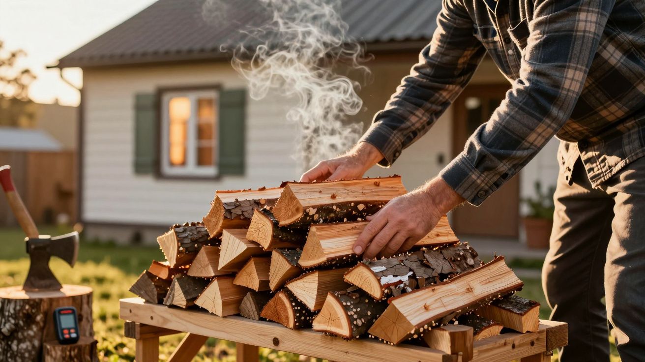 Pessoa organizando lenha fumegante sobre mesa de madeira em quintal ao entardecer.