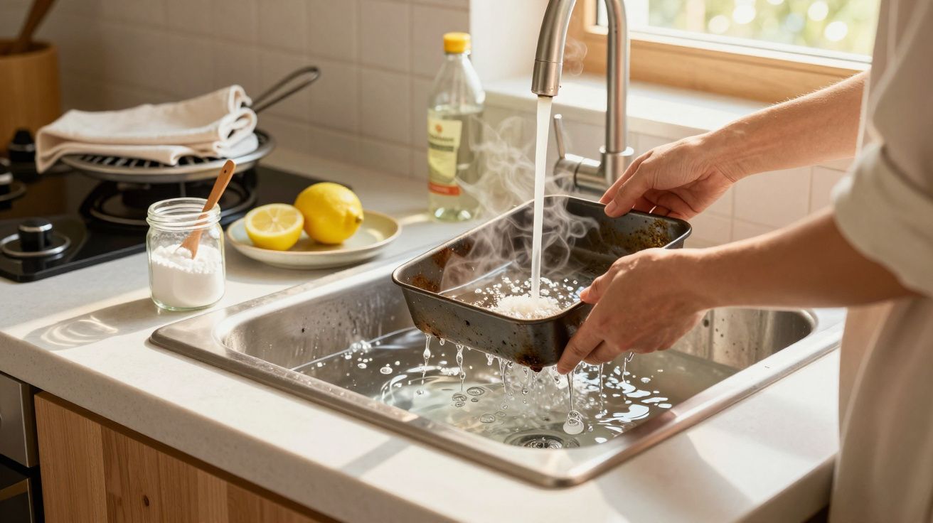 Pessoa lavando forma de metal com água quente na pia de cozinha iluminada pela luz natural