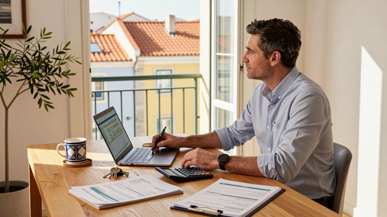 Homem sentado à mesa trabalhando no laptop com calculadora e documentos em ambiente claro e arejado.