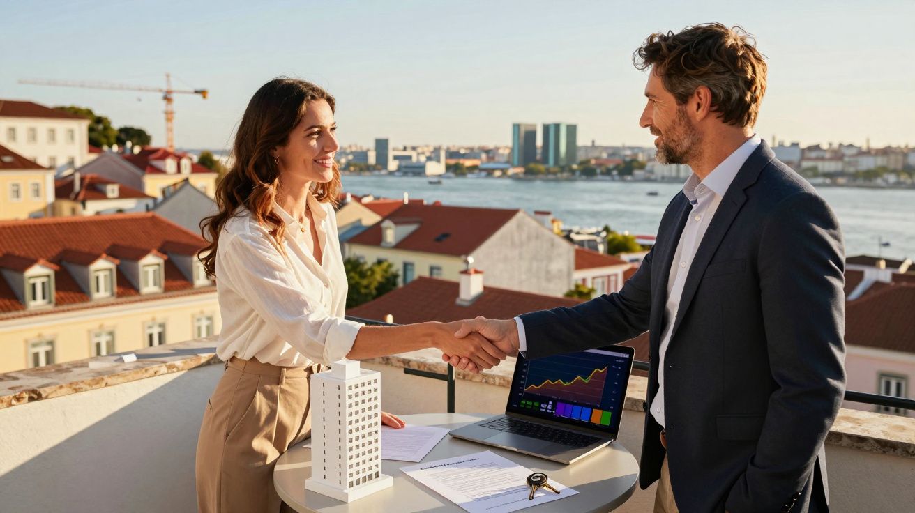 Dois profissionais apertando as mãos ao ar livre, com maquete, documentos e laptop com gráfico em mesa redonda.