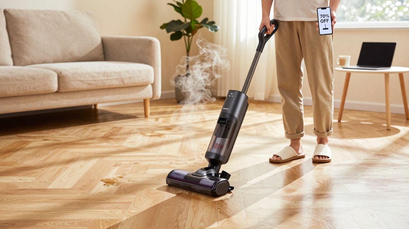 Pessoa usando aspirador a vapor para limpar sujeira no piso de madeira em sala com sofá e planta.