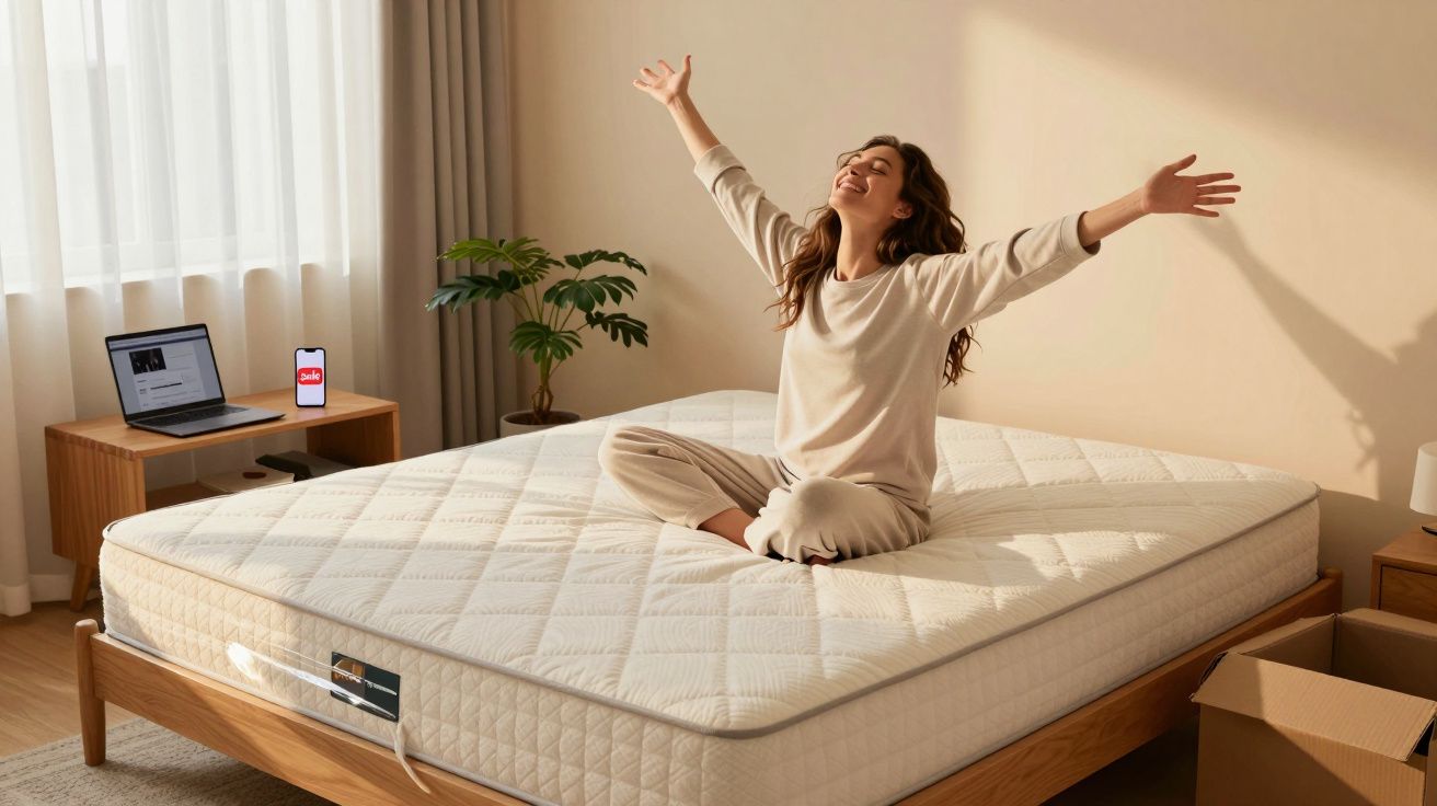 Mulher feliz sentada no colchão branco em quarto claro com laptop e caixa de papelão ao lado.