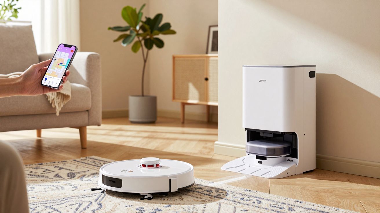 Pessoa controlando aspirador robô branco com aplicativo em smartphone numa sala iluminada e moderna.
