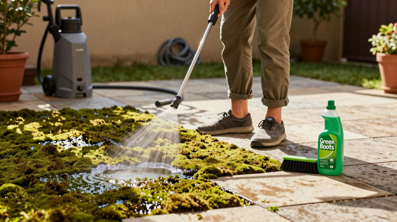 Pessoa limpando piso externo com lavadora de alta pressão para remover musgo verde.