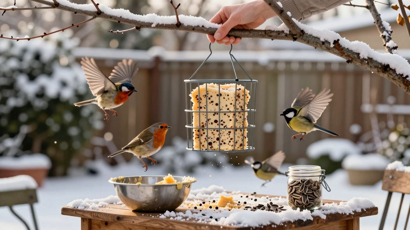 Pássaros voando e pousados em mesa com sementes e bloco de alimento em jardim com neve.