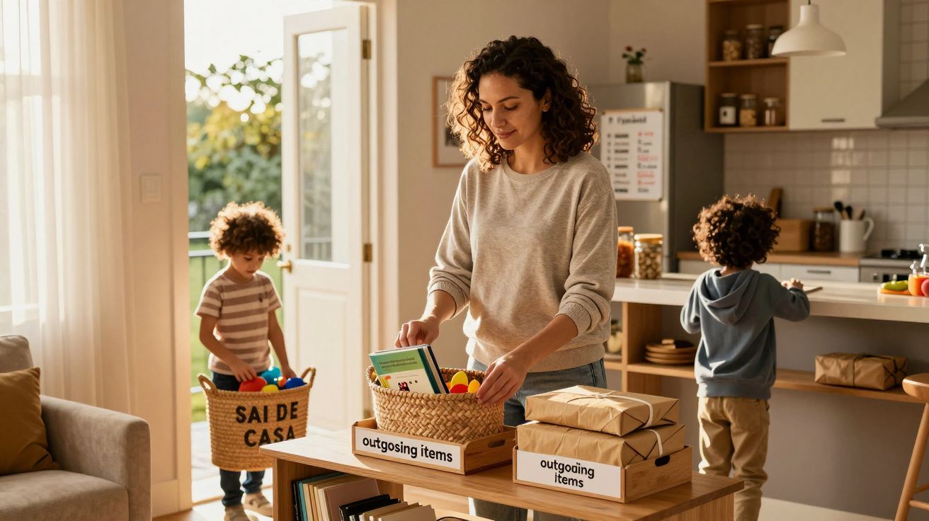 Mulher organizando cestos com etiquetas enquanto duas crianças arrumam brinquedos em sala iluminada.