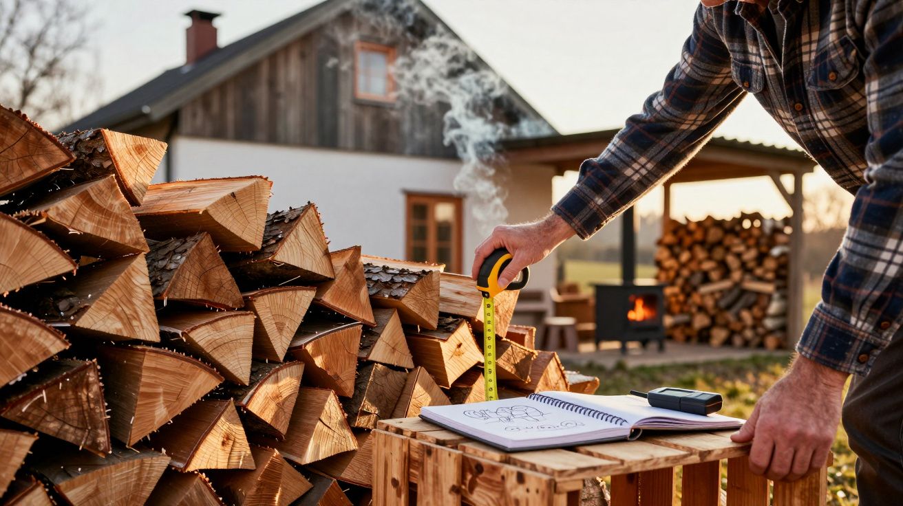Pessoa medindo toras de madeira empilhadas ao ar livre em frente a casa de campo.
