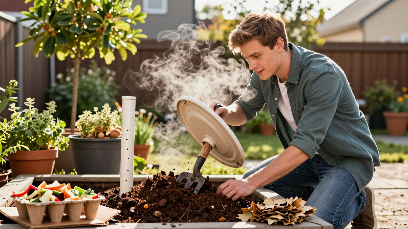Jovem homem mexe solo em canteiro com vapor saindo, rodeado de plantas e resíduos orgânicos.