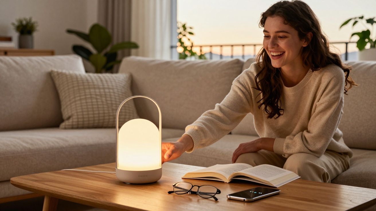 Mulher sorridente acende luminária em mesa de madeira com livro, óculos e celular em sala aconchegante.