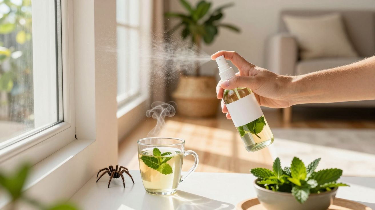 Pessoa aplicando spray repelente em copo de chá com hortelã para afastar aranha preta na janela.
