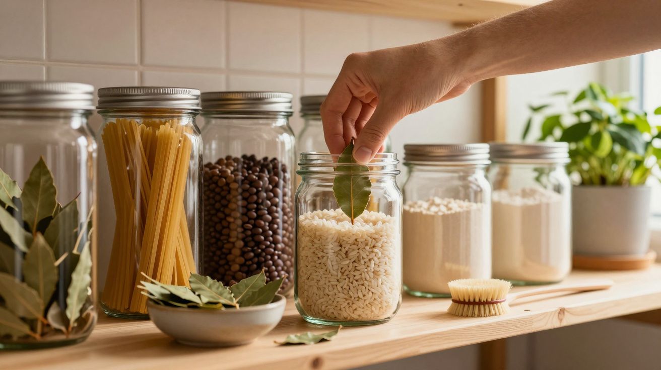 Mão colocando folha de louro em pote de vidro com arroz em prateleira de cozinha organizada.