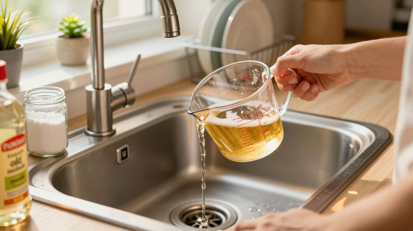 Mão despejando líquido amarelo de copo medidor em pia de cozinha com torneira e plantas ao fundo.