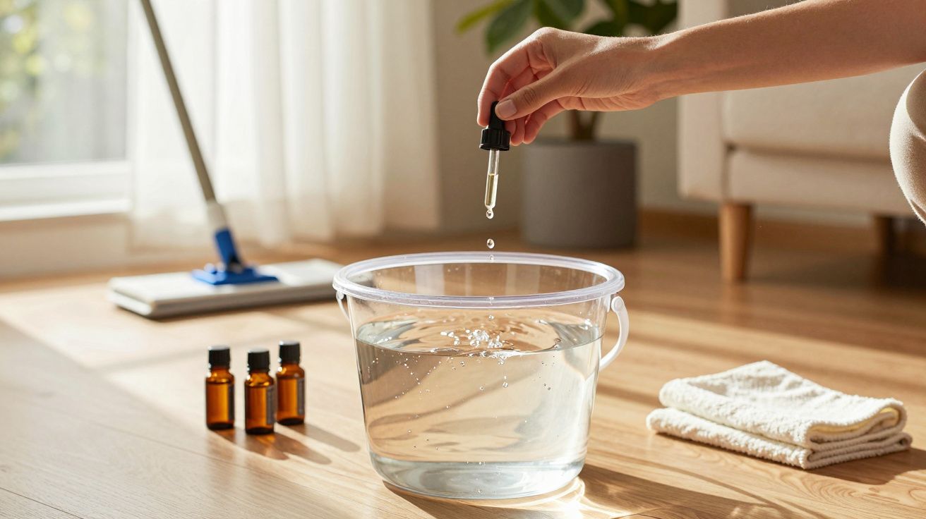 Mão pingando óleo essencial em balde com água para limpeza, ao lado de frascos e pano no chão de madeira.