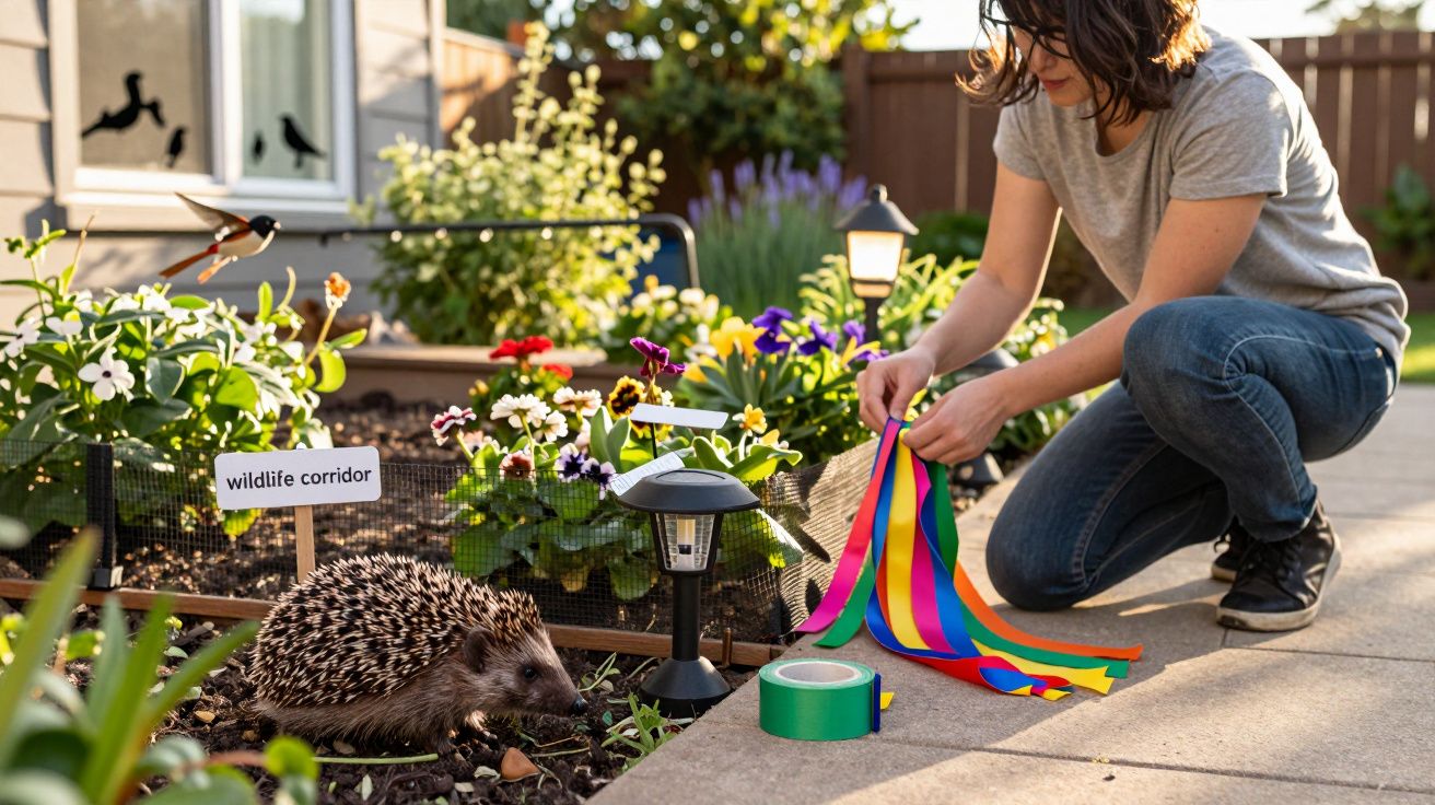 Mulher preparando fita colorida em jardim ao lado de um ouriço no canteiro com placa "wildlife corridor".