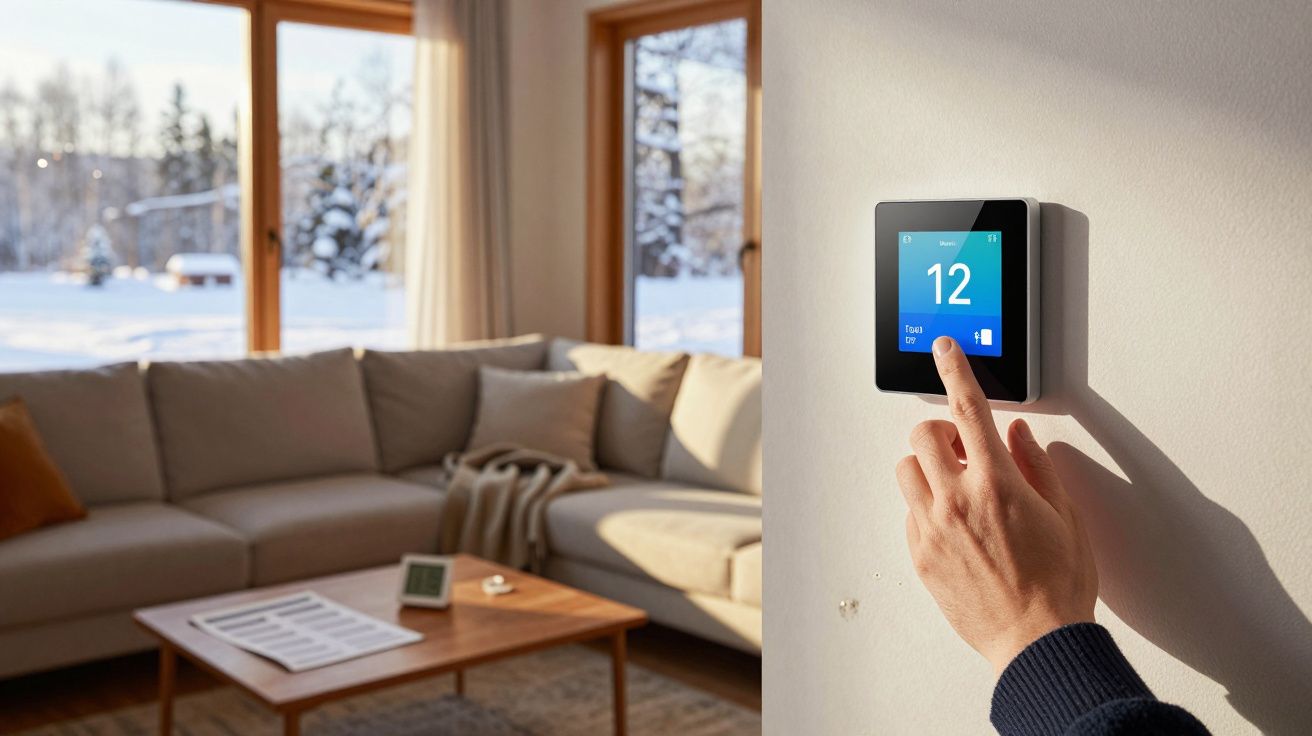 Pessoa ajustando temperatura em termostato digital na sala com sofá e janelas para área nevada.
