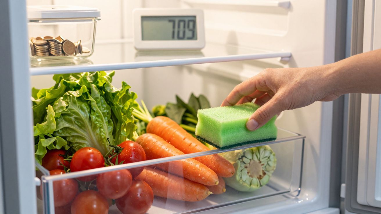 Geladeira aberta com vegetais frescos e uma mão segurando uma esponja verde para limpeza.