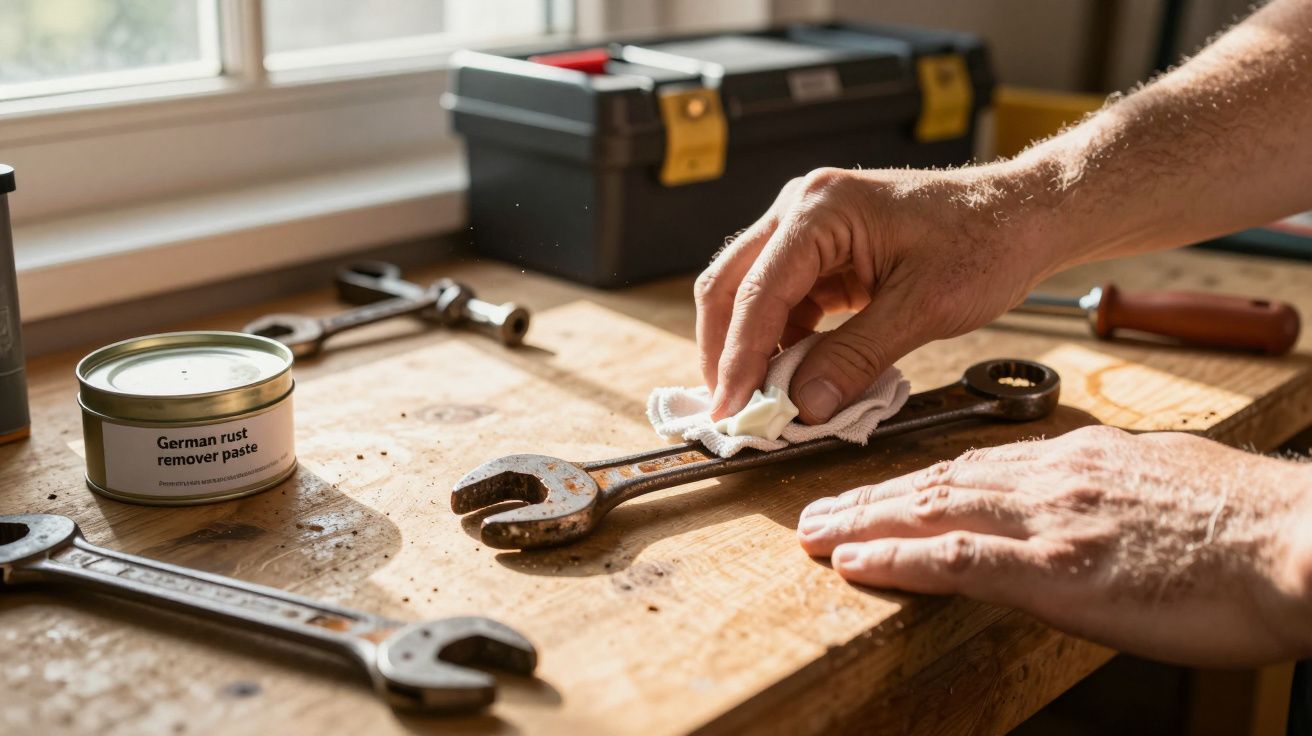 Mãos limpando uma chave inglesa enferrujada em bancada de madeira com recipiente de removedor de ferrugem.