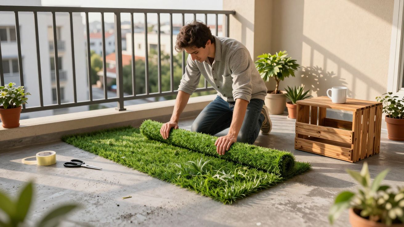 Homem jovem instalando grama sintética em varanda ensolarada com plantas ao redor.