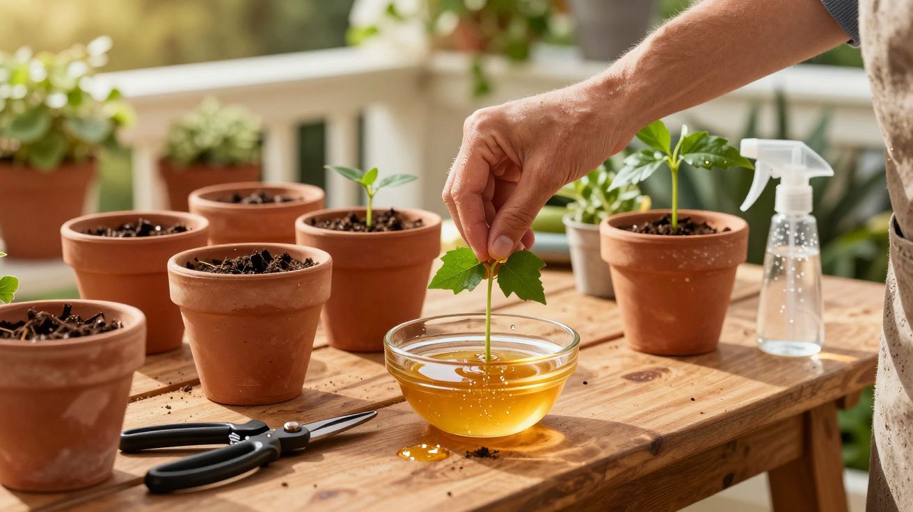Mão molhando muda de planta em pote de mel ao lado de vasos com terra e ferramenta em mesa de madeira.