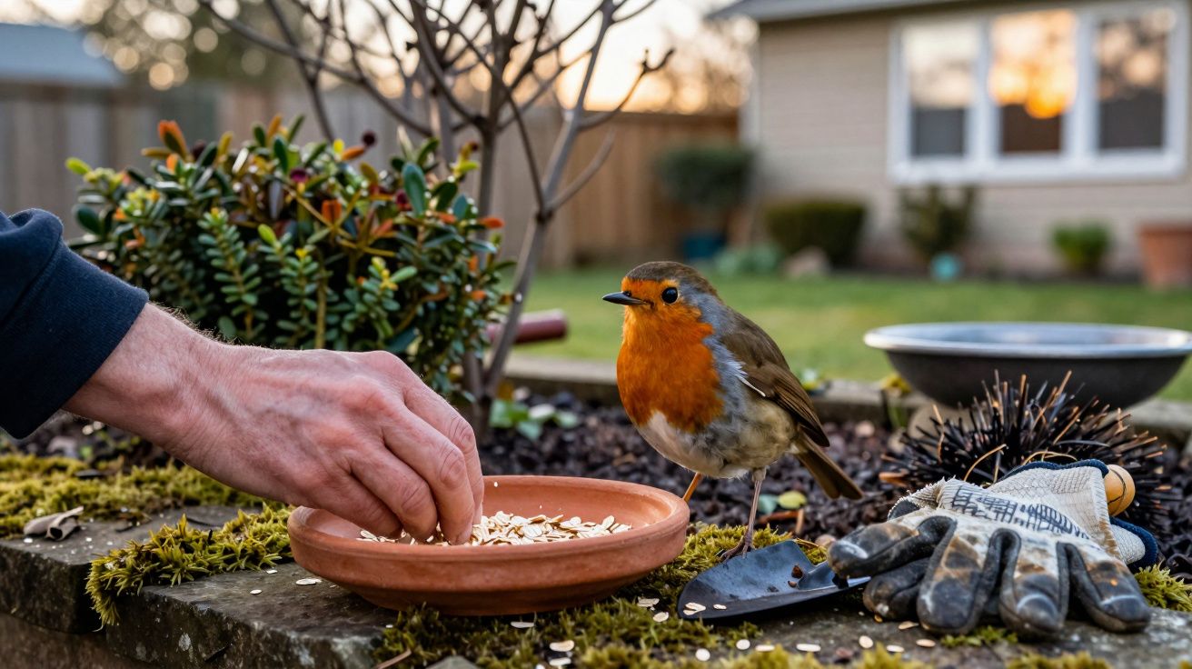 Mão humana alimentando um pássaro com peito laranja em um jardim, ao lado de ferramentas e luvas de jardinagem.