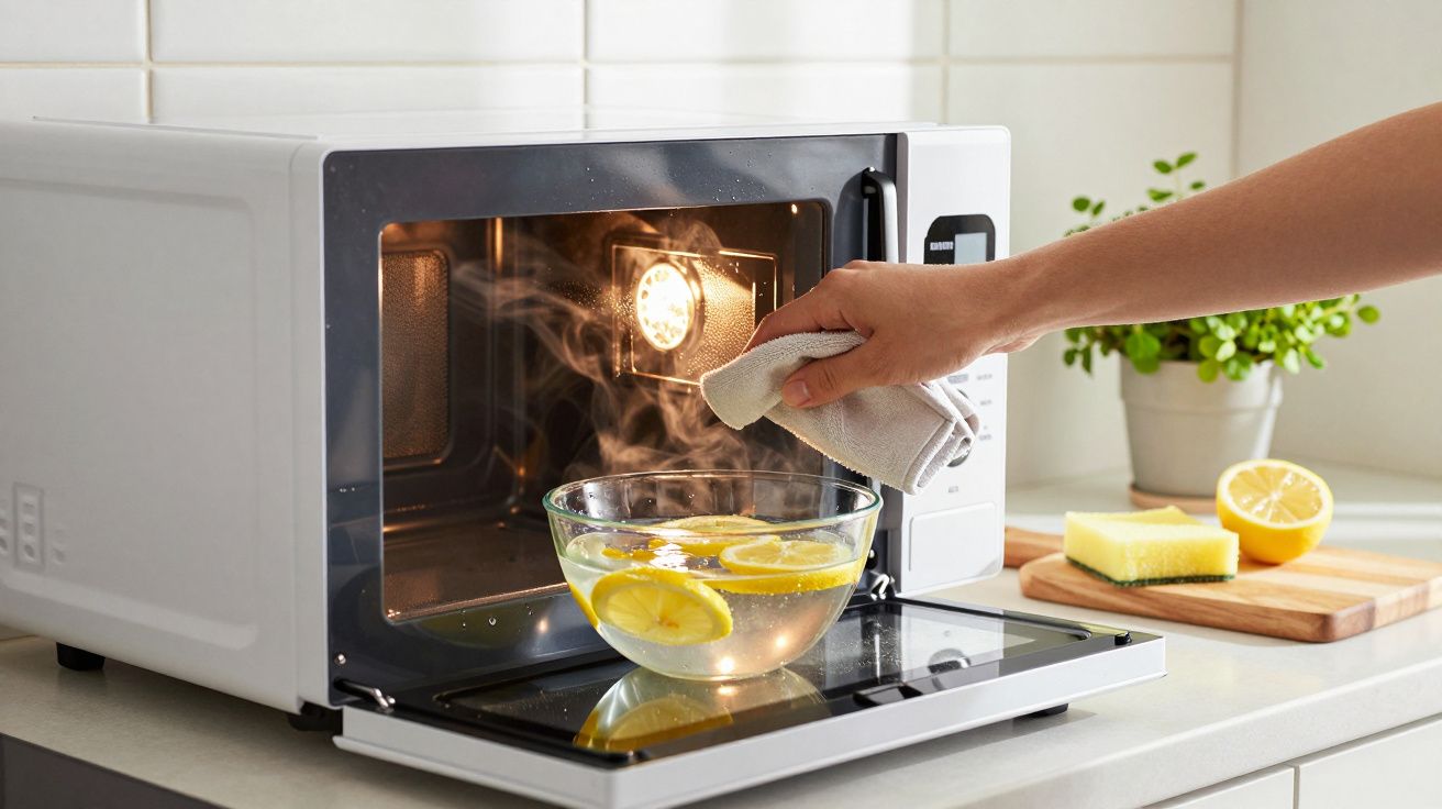 Pessoa limpando micro-ondas aberto com vapor e tigela de vidro com água e rodelas de limão.