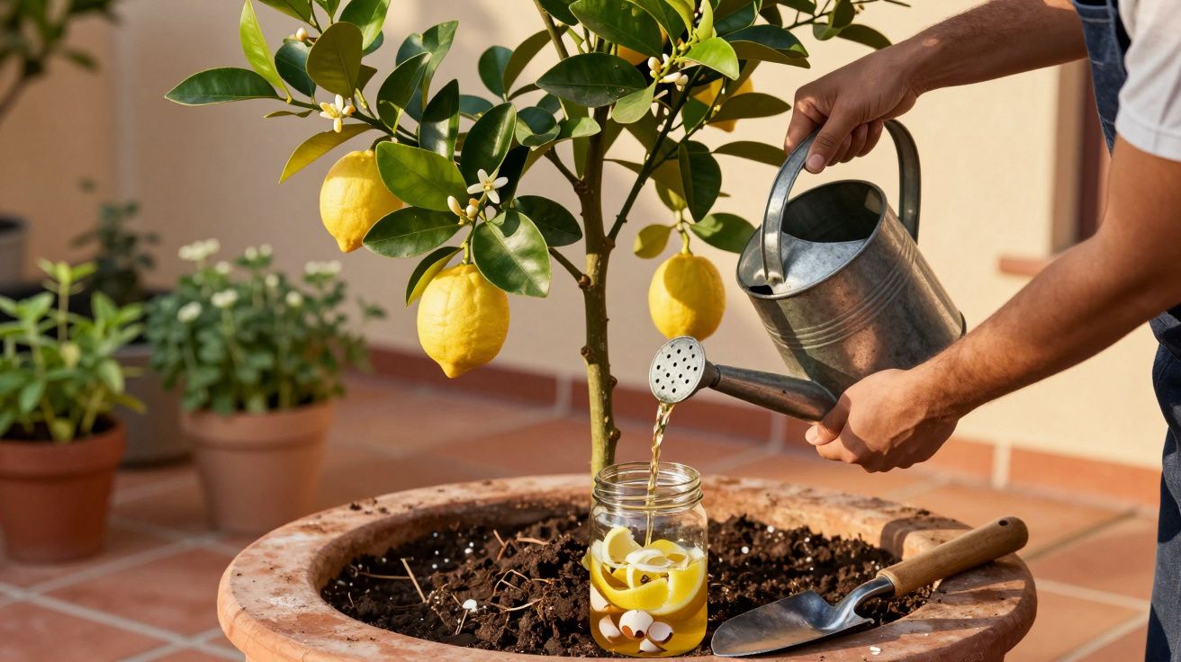 Pessoa regando limoeiro em vaso grande num terraço, com jarra de vidro e pá de jardinagem ao lado.