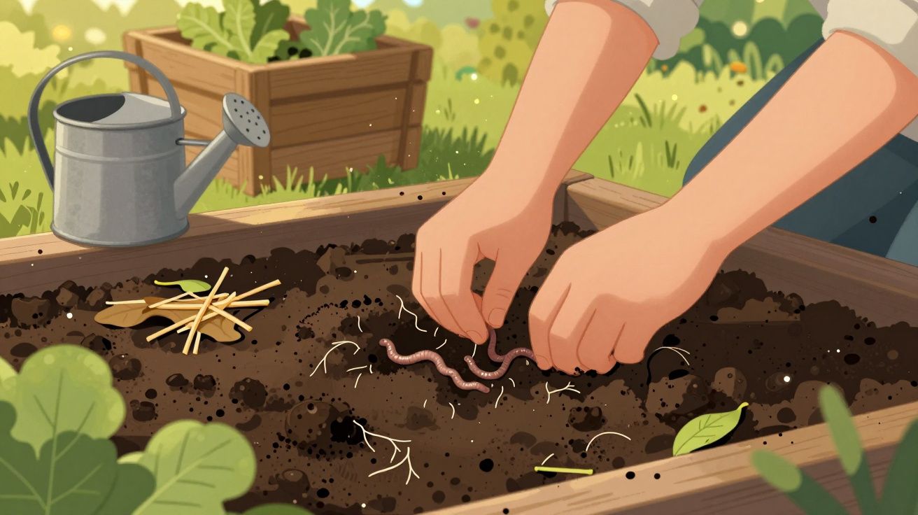 Mãos colocando minhocas em um canteiro de terra com regador e hortaliças ao fundo.