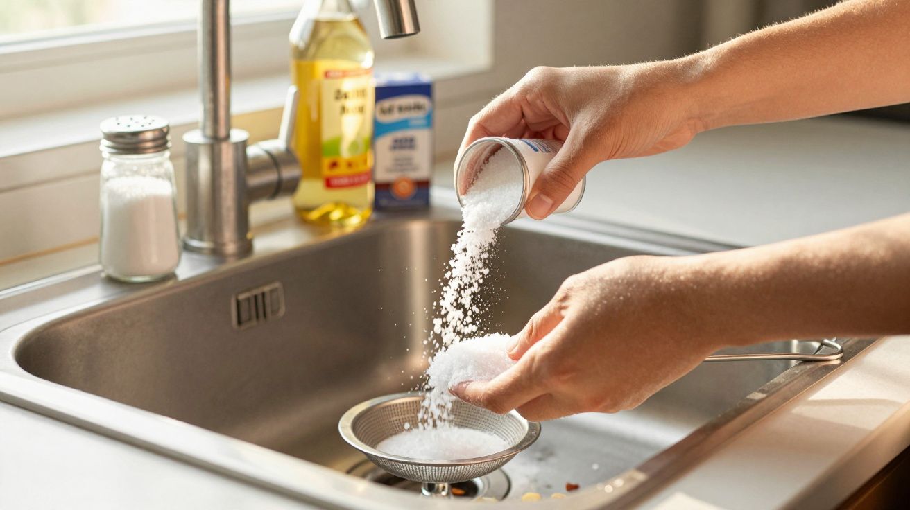 Pessoa despejando sal em uma peneira sobre a pia da cozinha para escorrer água do ingrediente.