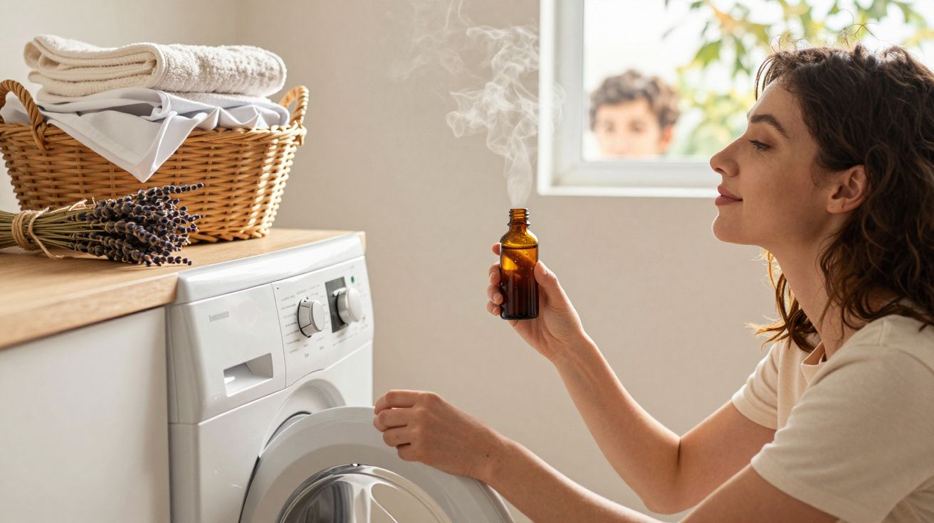 Mulher segurando vidro de essência aromática perto de máquina de lavar roupas em lavanderia iluminada.