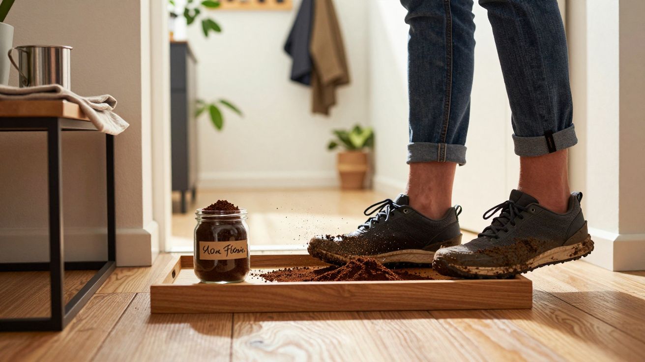 Pessoas com tênis sujo de terra em uma bandeja para evitar sujeira no chão de madeira da casa.