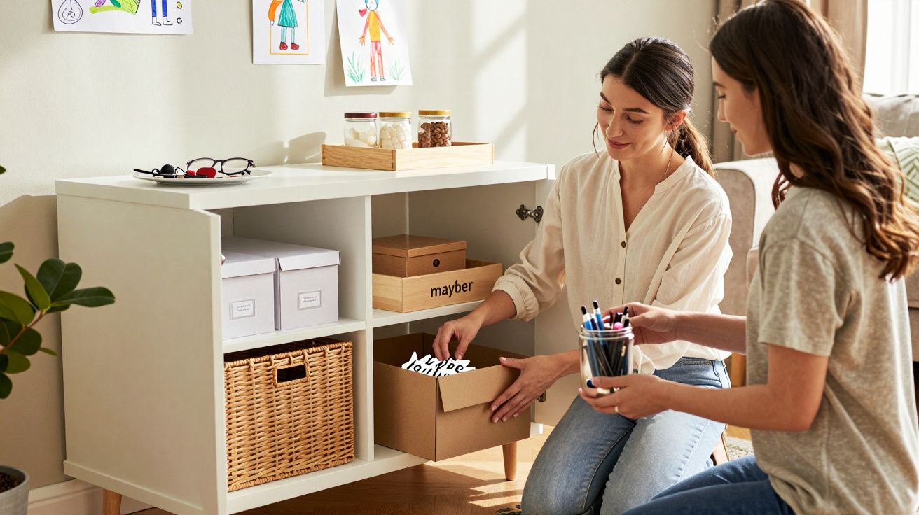 Duas mulheres organizam materiais em caixas dentro de um móvel branco, ao lado de desenhos infantis.