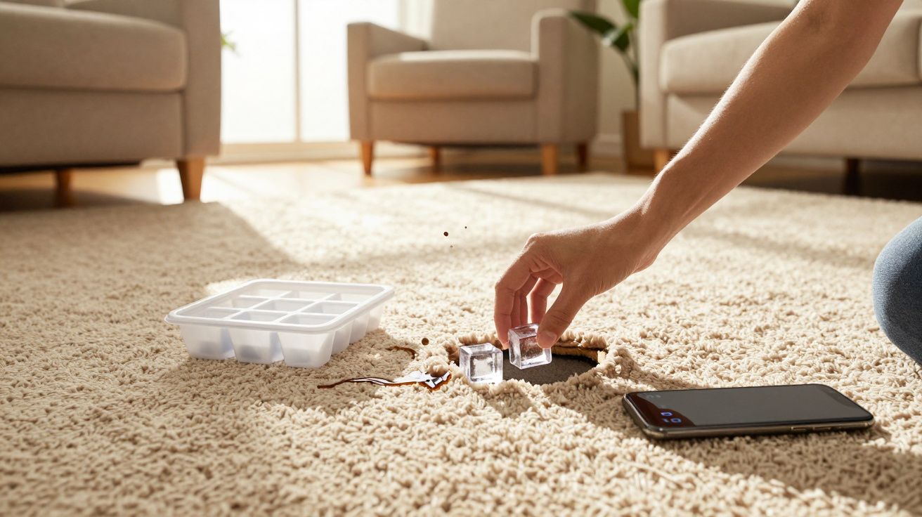 Pessoa colocando cubos de gelo para resfriar um celular molhado no tapete da sala.