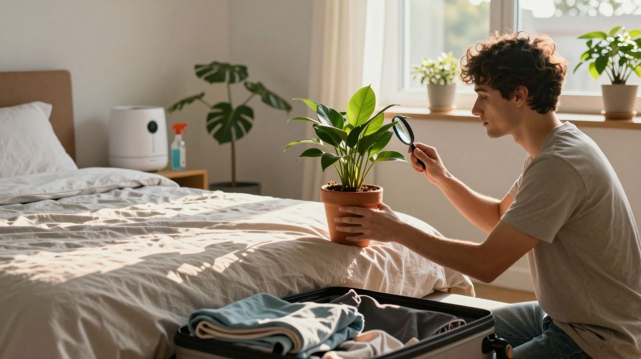 Jovem examina planta com lupa dentro de quarto iluminado, ao lado de mala aberta com roupas.