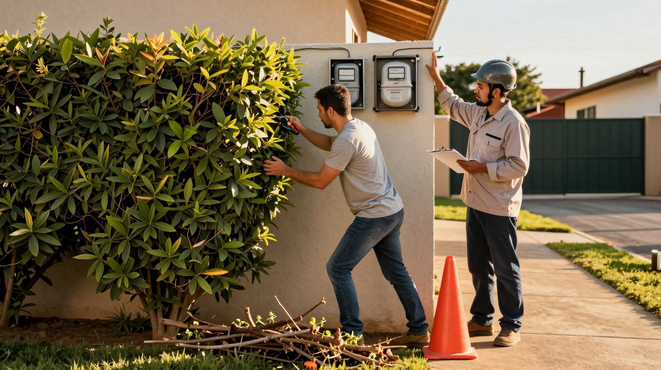 Homem podando arbusto enquanto eletricista inspeciona medidores de energia em área externa residencial.