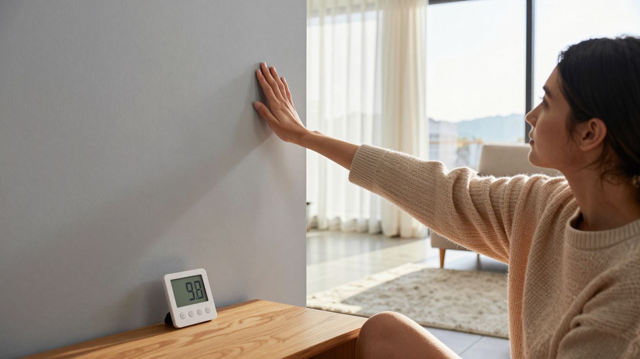 Mulher tocando parede cinza em sala iluminada, com termômetro digital marcando 9,8°C sobre móvel de madeira.