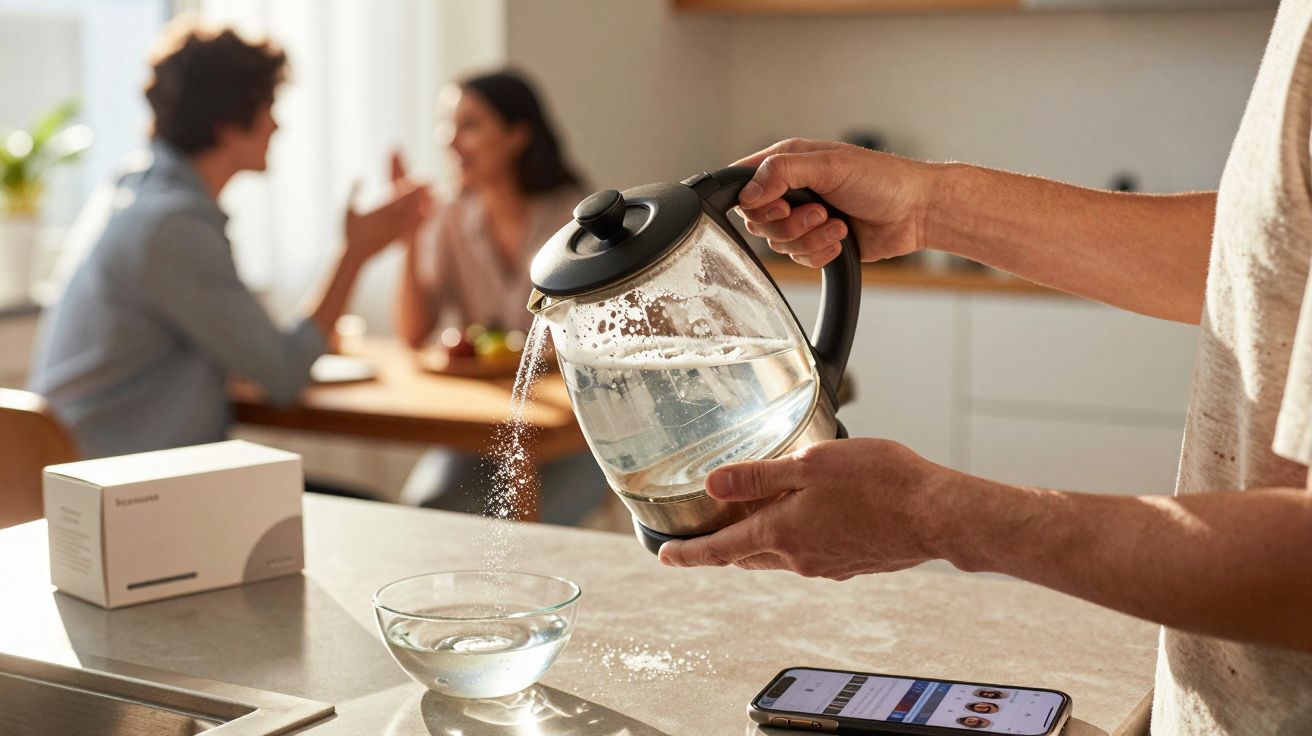 Pessoa despejando água de chaleira elétrica em uma tigela de vidro na cozinha, casal conversando ao fundo.