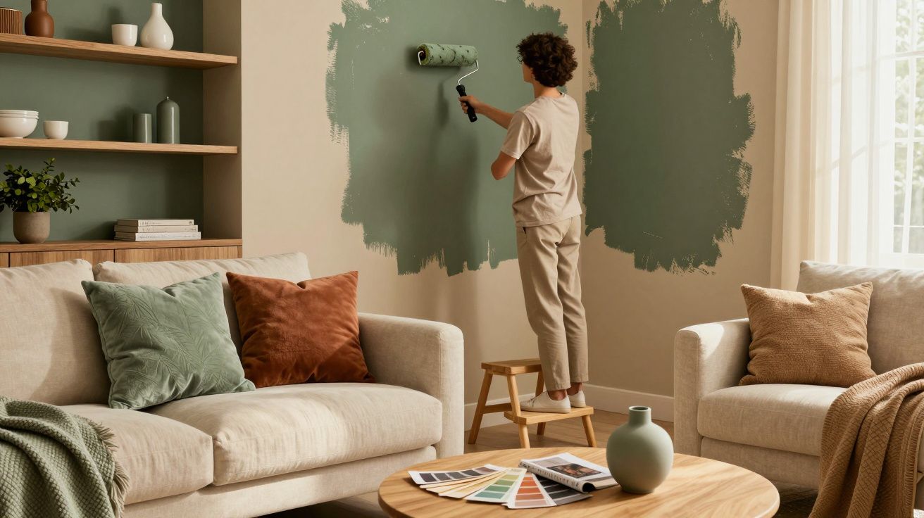 Pessoa pintando parede em tom verde escuro em sala de estar com sofá e mesa de centro de madeira.